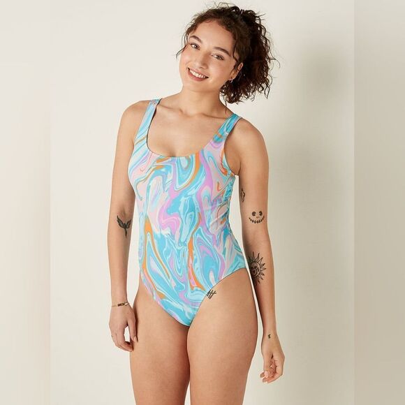 Pink Victorias Secret Colorful Low Back High Cut Padded Cup One Piece Swimsuit M - Picture 1 of 7
